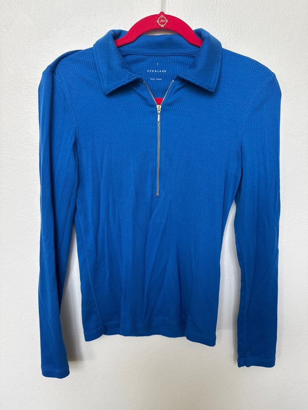 Everlane Royal Blue Ribbed Polo Half Zip Collared Long Sleeve Top Womens Small